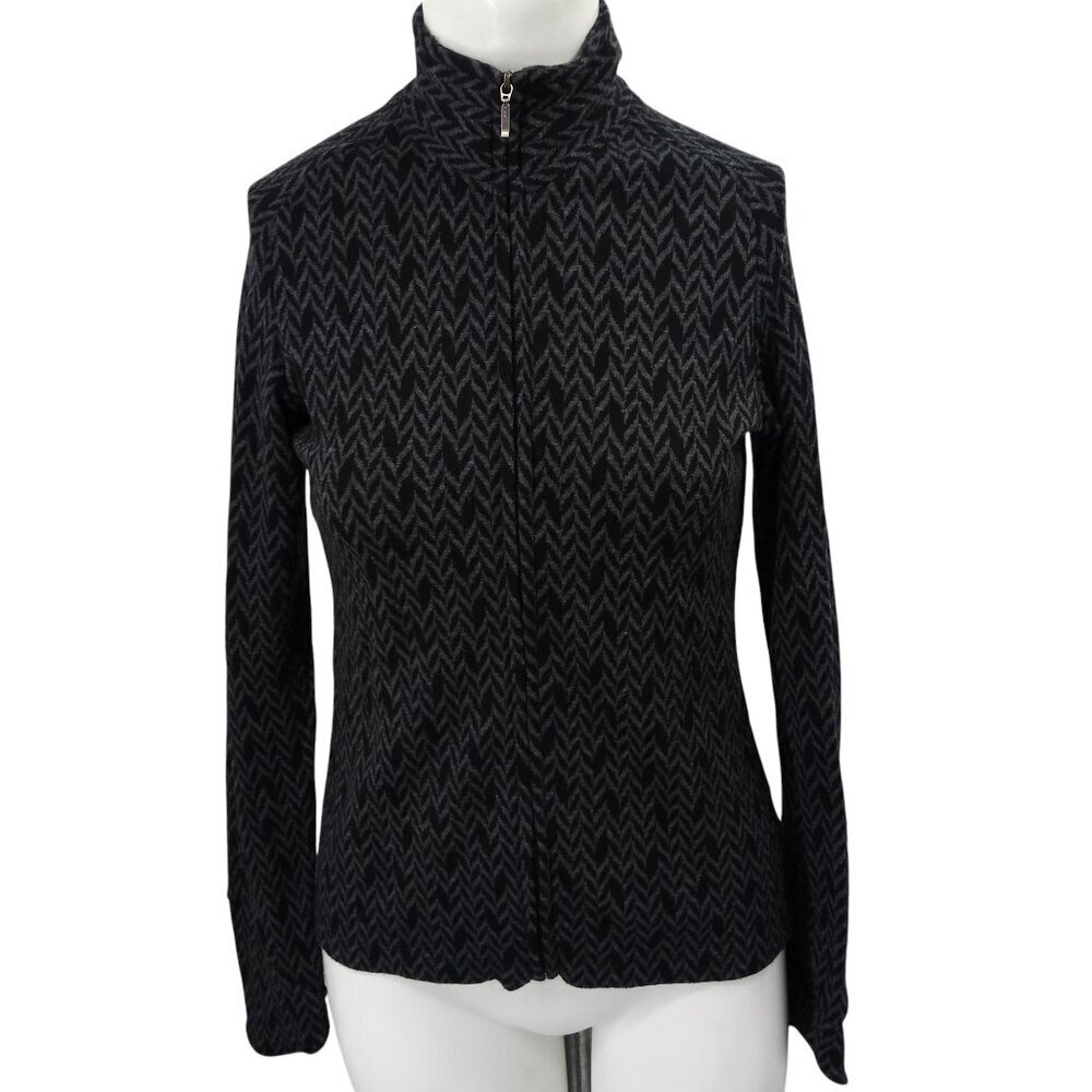 Ibex Merino Wool Full Zip Chevron Cardigan Mock Neck Sweater Size XS Black Gray